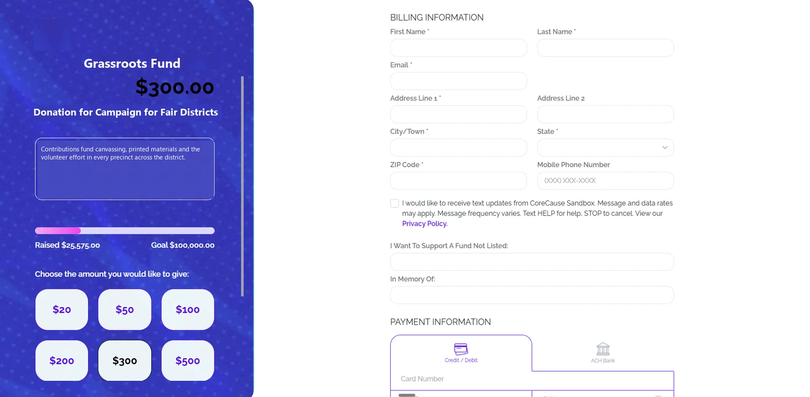 A political campaign contribution page in the campaign’s colours