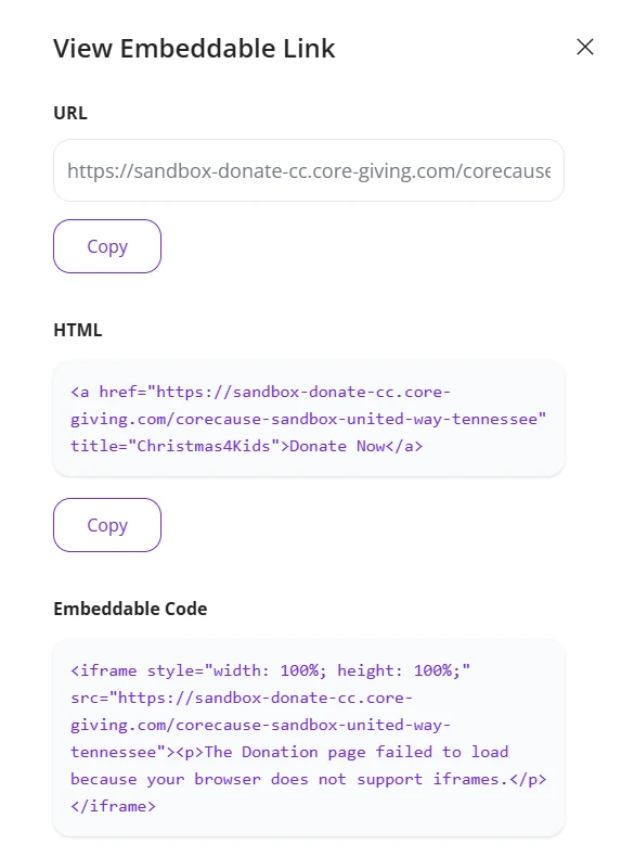 The embeddable donate link, HTML snippet and iframe code