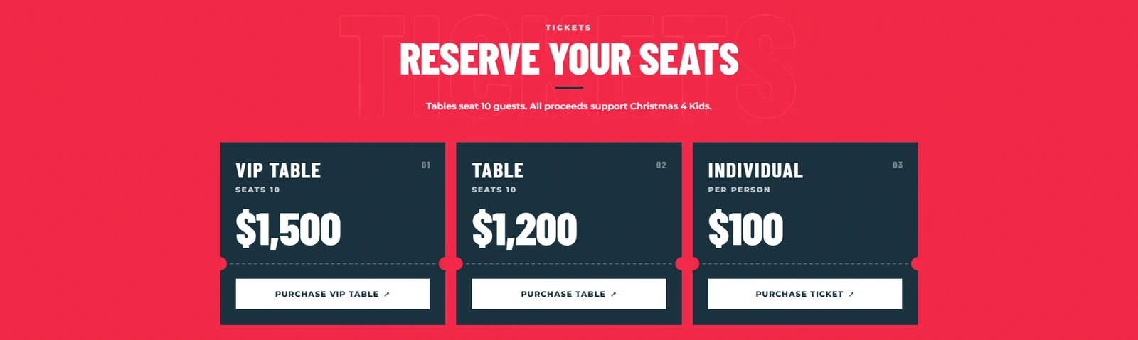 A charity event ticket page selling VIP tables, standard tables and individual seats in the charity’s own red branding