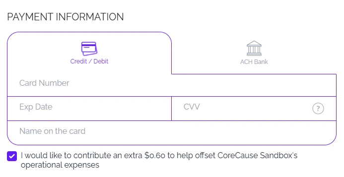 The checkout option where a donor covers the processing fee