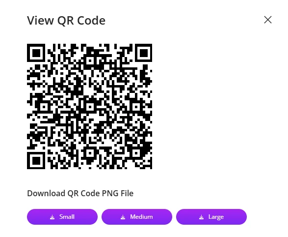 The QR code panel for a campaign, with small, medium and large PNG downloads for print