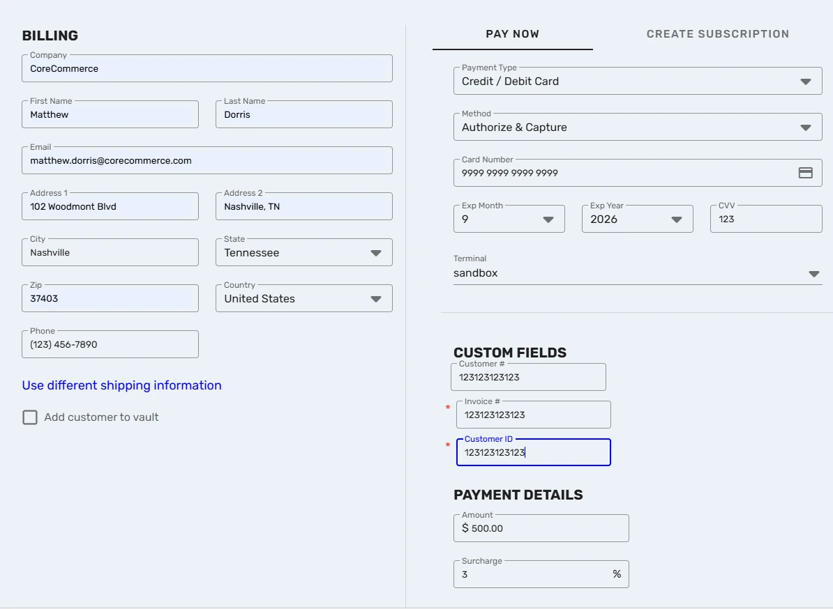 CoreGateway virtual terminal, showing a keyed card payment with billing details, custom fields and a 3 percent surcharge