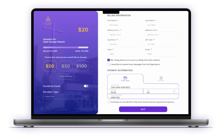 CoreCause online donation page for a church