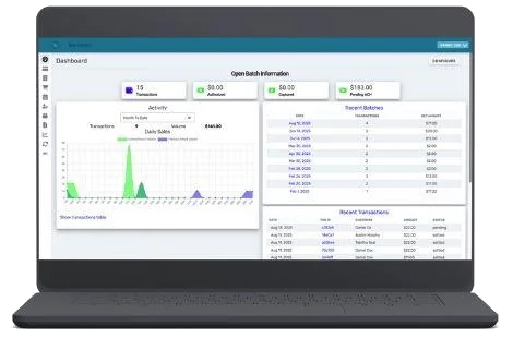 CoreGateway payment dashboard shown on a laptop